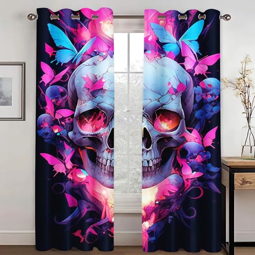 WEQEER Totenkopf Verdunkelungsvorhang Schädel Rosen Gothic vorhänge Blickdicht Totenkopf Fenstervorhang Für Schlafzimmer Wohnzimmer, 100% Polyester (3,220x215cm(2x110x215cm)) von WEQEER