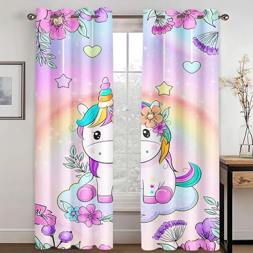 WEQEER Vorhänge Blickdicht Einhorn Verdunklungsgardine Karikatur Rosa Pferd Kinder Fenstervorhang Regenbogen Wolken drucken Vorhang für Kinderzimmer (4,100x140cm(2x50x140cm)) von WEQEER