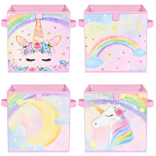 WERNNSAI Einhorn Aufbewahrungsbox – 4er Pack Faltbare Aufbewahrungswürfel aus Stoff für Kinder und Mädchen 28cm Rosa Dekorative Aufbewahrungskörbe mit Griffen Schrank Kinderzimmer Schlafzimmer von WERNNSAI