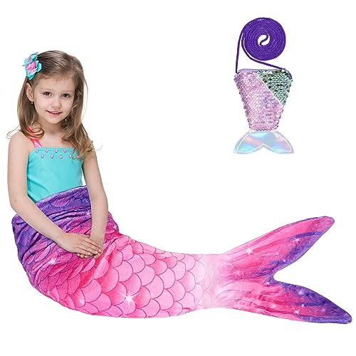 WERNNSAI Meerjungfrauen Schwanz Decke für Kinder Mädchen - Weiche Meerjungfrauen Decke mit Pailletten Portemonnaie Flanell Mermaid Blanket für Teenager Geschenk zum Geburtstag (Lila & Rosa) von WERNNSAI