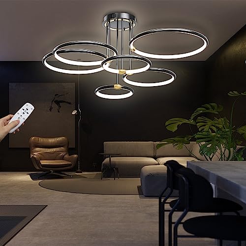 LED Deckenleuchte Modern Dimmbar Deckenlampe Wohnzimmer Ringsform Design Schlafzimmerlampe mit Fernbedienung Led Beleuchtung für Wohnzimmer Schlafzimmer Küche Restaurant Esszimmer (Schwarz, 6 Ring) von WERSVG