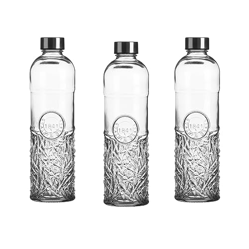 WESTCRAFT Stilvoll Wasser trinken - Oriental 1 Liter Glas Wasserflasche mit Schraubverschluss, luftdicht, Trinkflasche für Wasser, Saft im Kühlschrank, Vintage Glasflasche (3er Set Retro VG 3 x Edge) von WESTCRAFT