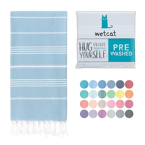 WETCAT Vorgewaschenes Super weiches türkisches Handtuch, 100% Baumwolle, Stranddecke, Pestemal, Fouta, Überwurf – für Bad, Strand, Pool, Picknick, Reisen, 94 x 178 cm – Katze Katze Basic Light Blue von WETCAT