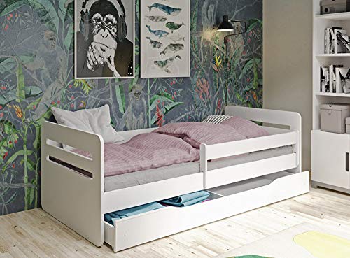 Kinderbett 80x140 80x160 80x180 Jugendbett Kindereinzelbett Mit Rausfallschutz Und Schublade - Weiß - 180x80 - Ohne Matratze von WFL GROUP