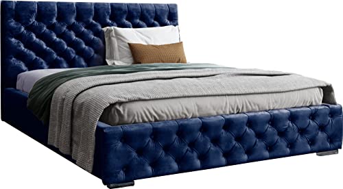 Samtstoff Polsterbett Doppelbett 140x200 160x200 180x200 cm Blau Bettgestell Mit Bettkasten Lattenrost und Gestepptes Kopfteil - Hydrophobe Stoff - Chesterfield-Stil - Dunkelblau - 180 x 200 cm von WFL GROUP