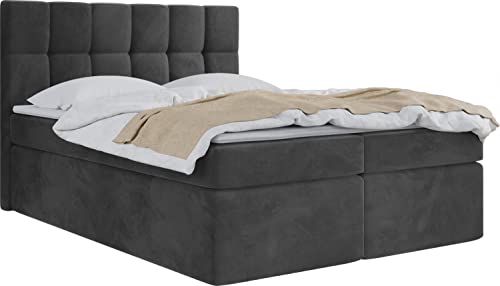 WFL GROUP Boxspringbett mit Bettkasten 120x200 140x200 160x200 180x200 200x200 Doppelbett Gepolstert Bett Mit Matratze und Topper - Stauraumbett mit Kopfteil - Dunkel Grau Samt - 180 x 200 cm von WFL GROUP