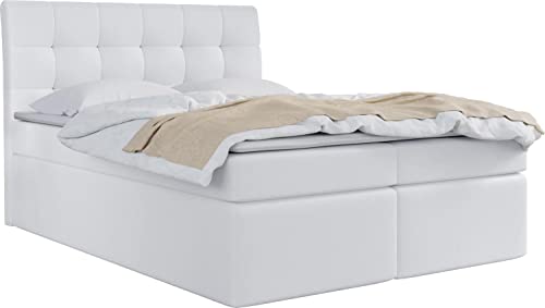 WFL GROUP Boxspringbett mit Bettkasten 120x200 140x200 160x200 180x200 200x200 Doppelbett Gepolstert Bett Mit Matratze und Topper - Stauraumbett mit Kopfteil - Weiß Kunstleder - 140 x 200 cm von WFL GROUP