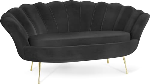 WFL GROUP Samt Muschel Sofa mit Golden oder Silber Metallbeinen - Weicher 2-Sitzer Couch für Wohnzimmer - Elegant Polstersofa Muschelform - Soft Cloud Set - Golden Beinen - Schwarz von WFL GROUP