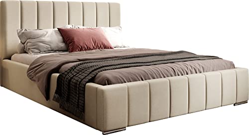 WFL GROUP Samtstoff Polsterbett Doppelbett Komplett 140x200 160x200 180x200 cm Bettgestell Mit Bettkasten Lattenrost und Kopfteil - Hydrophobe Stoff - Beige - MV 2201-180 x 200 cm von WFL GROUP