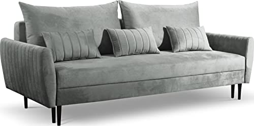 WFL GROUP Sofa mit Bettkasten - Samt Schlafsofa mit Schwarze Holzbeine - 3 Sitzer Sofa Couch mit Schlaffunktion Bettfunktion Skandinavisch Polstergarnitur - Grau von WFL GROUP