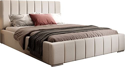 WFL GROUP Webstoff Polsterbett Doppelbett Komplett 140x200 160x200 180x200 cm Bettgestell Mit Bettkasten Lattenrost und Kopfteil - Hydrophobe Stoff - Beige - Hygge 2534-180 x 200 cm von WFL GROUP