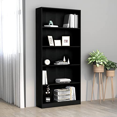 WIFESE Bücherregal 80x24x175 cm 5 Fächer Holzregal Würfelregal Standregal Hochschrank Bookshelf Aufbewahrungsregal Raumteiler Lagerregal Aktenregal Regal für Wohnzimmer Büro Holzwerkstoff Schwarz von WIFESE