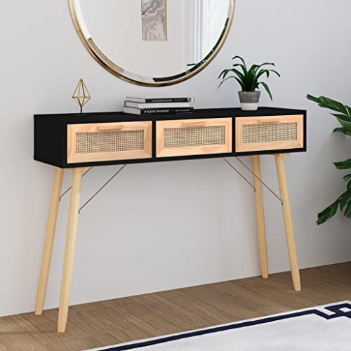 WIFESE Konsolentisch Schwarz 105x30x75cm Massivholz Natur-Rattan Beistelltisch Flurtisch Konsolentisch Holz Sideboard Dressing Table Konsolentische fürs Wohnzimmer Schlafzimmer Nordischer Stil von WIFESE