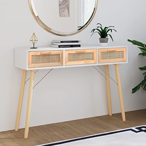 WIFESE Konsolentisch Weiß 105x30x75 cm Massivholz Kiefer Natur-Rattan Beistelltisch Flurtisch Konsolentisch Holz Sideboard Dressing Table Konsolentische fürs Wohnzimmer Schlafzimmer Nordischer Stil von WIFESE