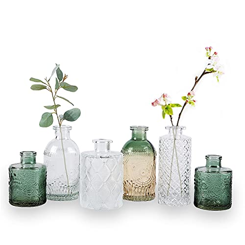 WILDMOS Knospenvasen-Set, kleine Blumenvasen für dekorative, Farbverlaufsglas und geprägte Mini-Flaschen im Vintage-Stil, für Heimdekoration, Mittelstück 8,4 cm - 13,2 cm H (transparent + grün), 6 von WILDMOS