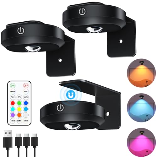 WILLED Bilderleuchte akku, Bild beleuchtung wand kabellos, Round USB Aufladbar RGB LED Spots Akku mit Fernbedienung, Wiederaufladbare Bilderlampe, Vitrinenbeleuchtung LED mit Timing Funktion(3er Pack) von WILLED