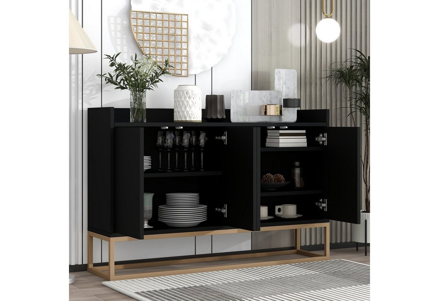 WISHDOR Anrichte Küchenschrank, Modernes Sideboard im minimalistischen Stil 4-türiger (griffloser Buffetschrank für Esszimmer, Wohnzimmer, Küche) von WISHDOR