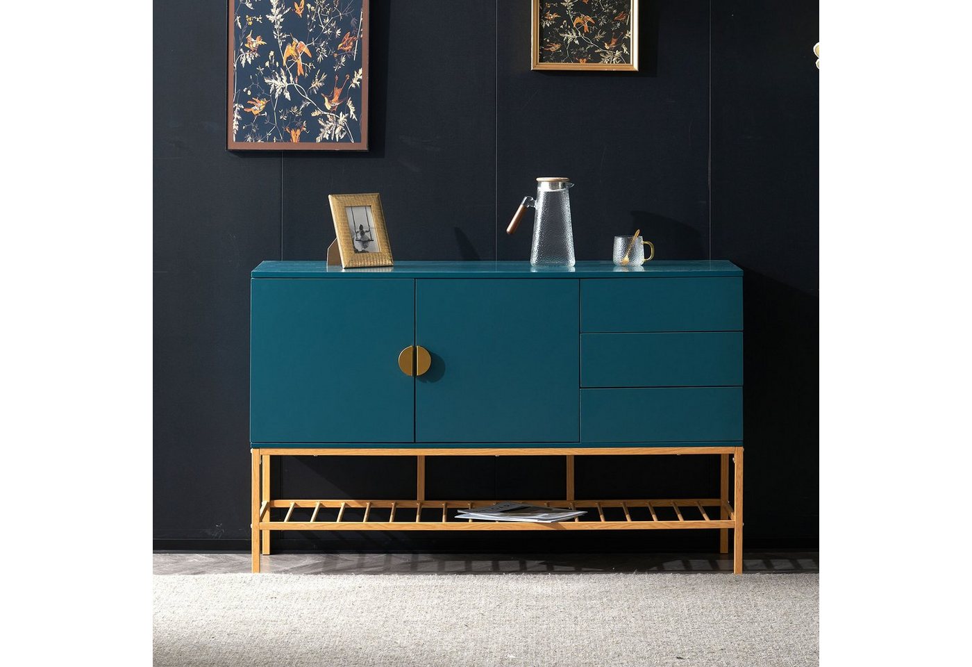 WISHDOR Sideboard Kommode (1 St., 1,3 m langes Sideboard), goldene Verzierungen, Stilvoller blauer Schrank von WISHDOR