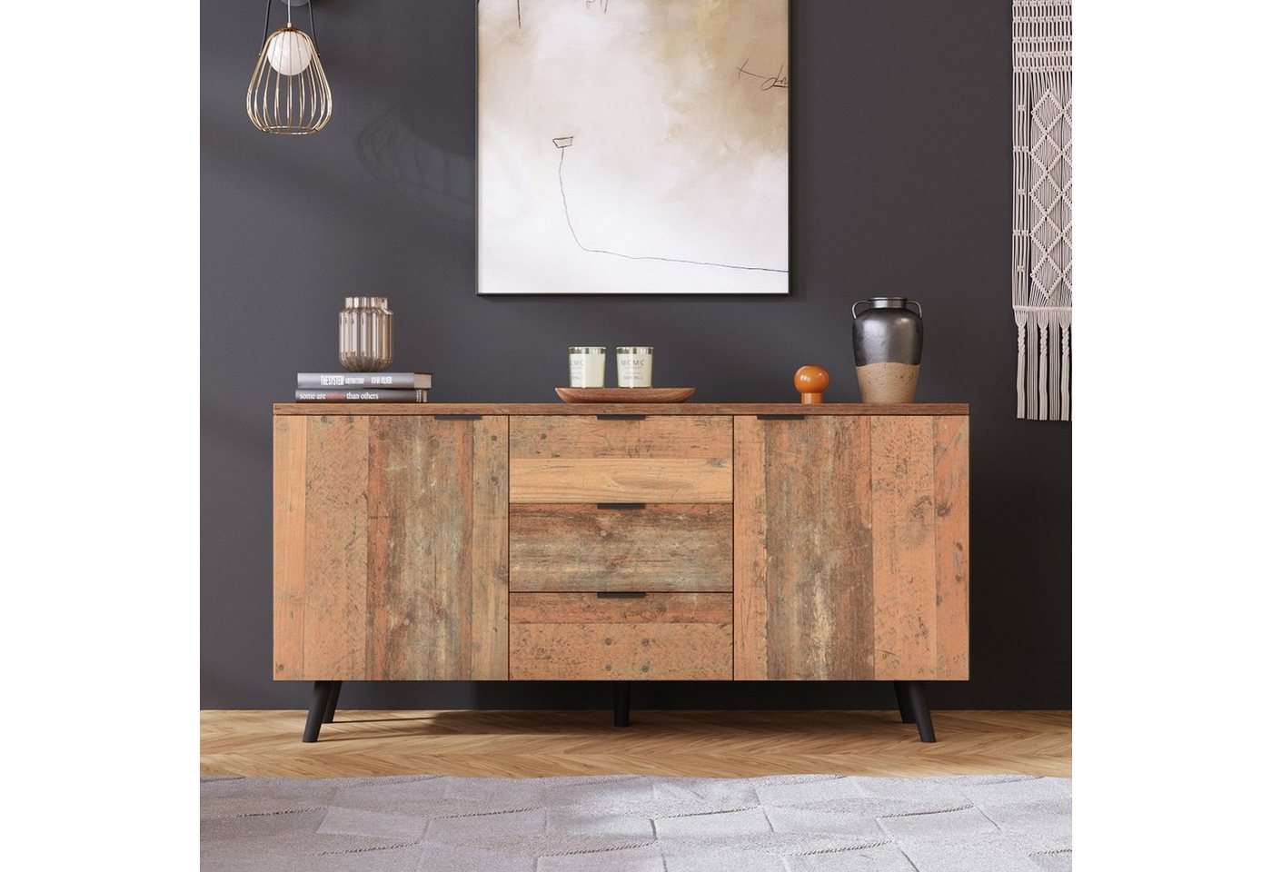 WISHDOR Sideboard TV schrank Fernsehschrank Aufbewahrungsschrank Kommode (Braun), Mit drei Schubladen, Vintage, mit verstellbaren Regalen von WISHDOR