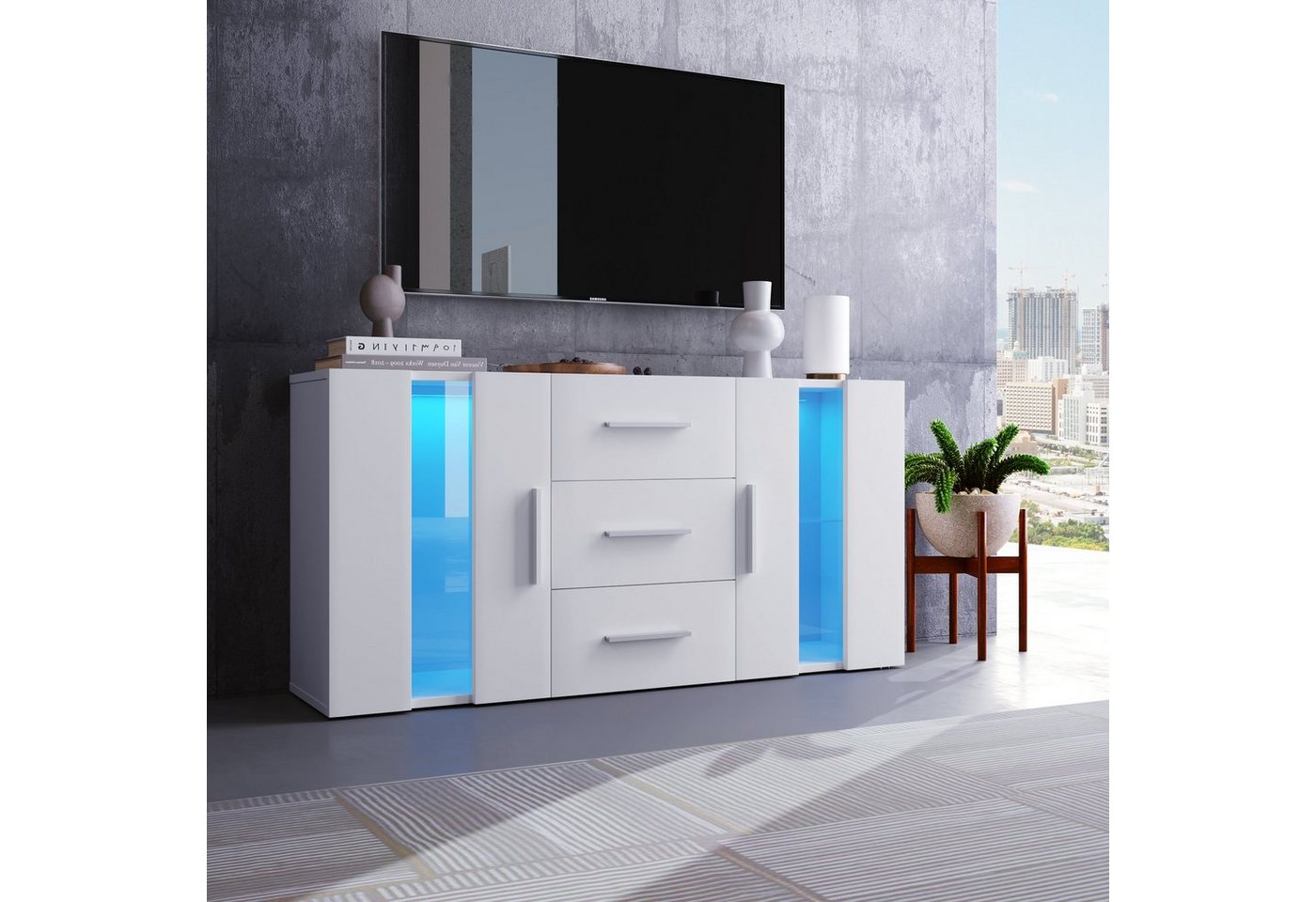 WISHDOR Sideboard TV schrank Kommode, Standschrank Lagerung-Schrank Einheit, mit 16 Farben LED-Leuchten von WISHDOR