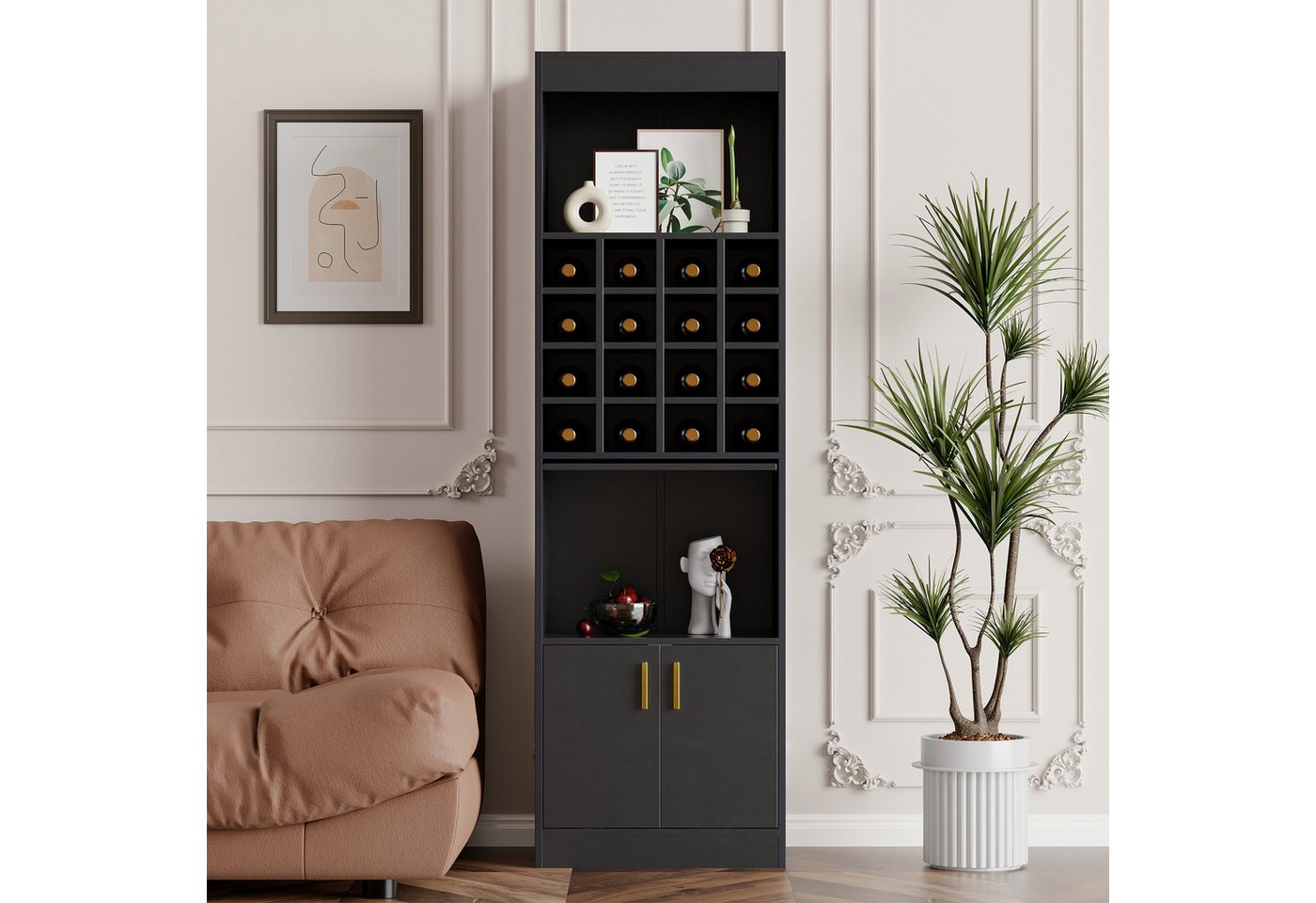 WISHDOR Vitrine Wohnzimmerregal, Eckschrank,Highboard (180cm hoch, 1-St., 16 Weinfächer, 3 Einlegeböden, 2 Türen) für Weinliebhaber von WISHDOR