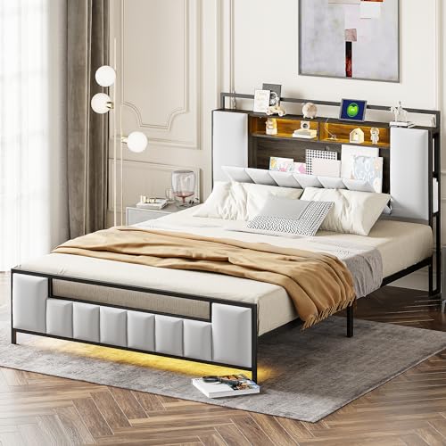 Bettrahmen Metallbett 160x200 mit Stauraum-Kopfteil, USB-Steckdose und L-E-D, Polsterbett Doppelbett mit lattenrost aus Metall, Bettgestell Funktionsbett Jugendbett, Ohne Matratze Weiß von WIZBED