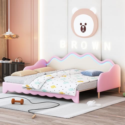 WIZBED Kinderbett 90/180x190cm mit l-e-d, Ausziehbares Einzelbett mit Lattenrost, Ausziehbett aus Kunstleder für Jungen, Mädchen, Rosa, Ohne Matratze von WIZBED