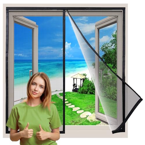 Fliegengitter Fenster Magnet Insektenschutz allen Größen 105x145 cm, Magnetvorhang ist ideal für Balkontür, Wohnzimmer Terrassentür, kinderleichte Klebemontage Innovativ, Schwarz von WLRHGl
