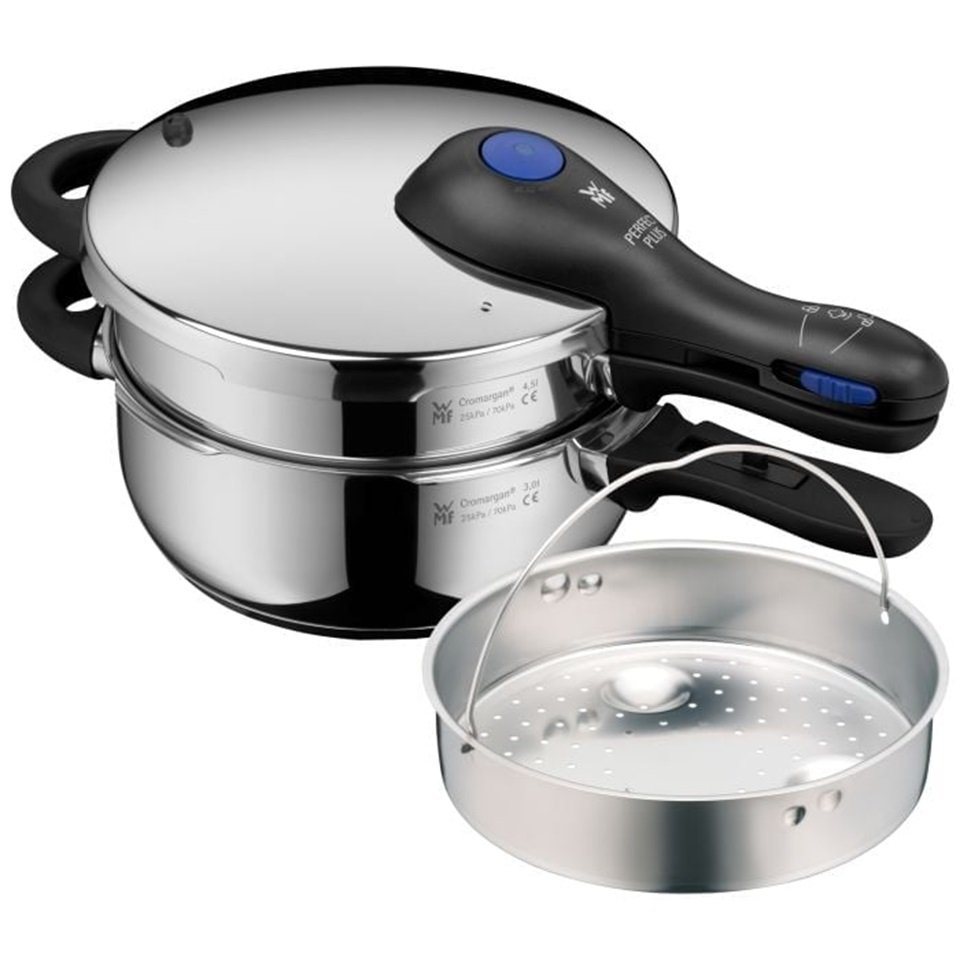 WMF Schnellkochtopf Perfect Plus, Cromargan® Edelstahl Rostfrei 18/10 (Schnellkochtopf-Set mit Dampfgareinsatz, 4,5 und 3,0 Liter, 3-tlg., stapelbar), One Pot von WMF