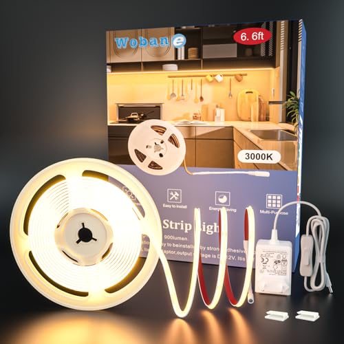 WOBANE COB LED Streifen Warmweiss 2m 640 LEDs,Super Hell LED Strip mit Netzteil,12v LED Unterbauleuchte,Flexibles LED Band für Küche,Schlafzimmer,Schreibtisch,Werkbank,TV,Regal,DIY,CRI 90+,900lm von WOBANE