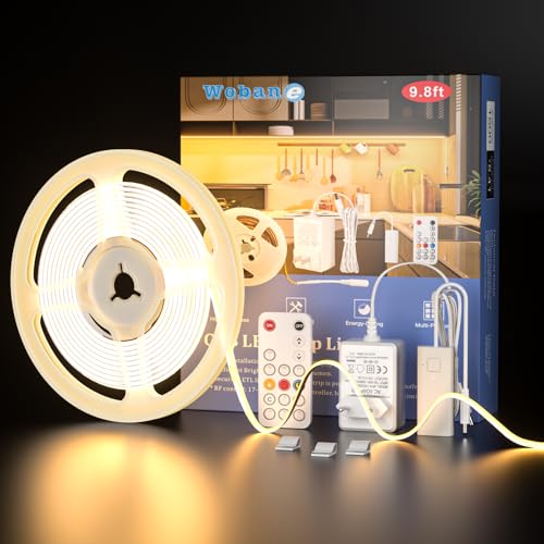 WOBANE COB LED Streifen Warmweisß Dimmbar, 3m 960 LEDs,Super Hell LED Strip mit Fernbedienung & Netzteil,12v LED Unterbauleuchte,Flexibles LED Band für Küche,Schreibtisch,Werkbank,DIY,CRI 90+,1500lm von WOBANE