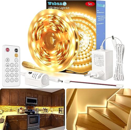 WOBANE LED Strip mit Bewegungsmelder,5m LED Streifen Warmweiss Dimmbar,12V Flexibel LED Band mit Fernbedienung,LED Nachtlicht mit Lichtsensor für Kleiderschrank,Treppe,Bett,Küche,Schrank,3000K von WOBANE