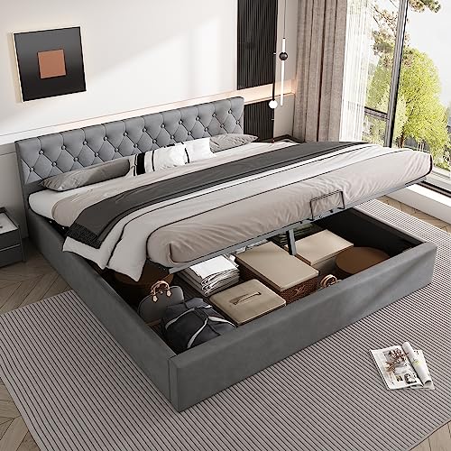 WODSOFTI Bett mit Bettkasten Samt-Stoff Polsterbett Lattenrost Doppelbett Stauraum Holzfuß (Grau, 180 x 200 cm) von WODSOFTI