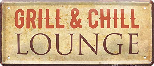 WOGEKA ART Retro Blechschild - Grill & Chill Lounge - witziger Spruch als Geschenk-Idee zum Geburtstag Weihnachten zur Dekoration 28x12 cm Vintage-Design aus Metall 1848 von WOGEKA ART