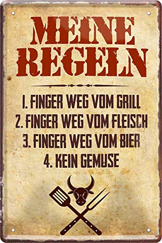 WOGEKA ART Retro Blechschild - Meine Regeln: Finger weg vom Grill, Fleisch, Bier - witziger Spruch als Geschenk-Idee Geburtstag Weihnachten Deko 20x30 cm Vintage-Design Metall 636 von WOGEKA ART