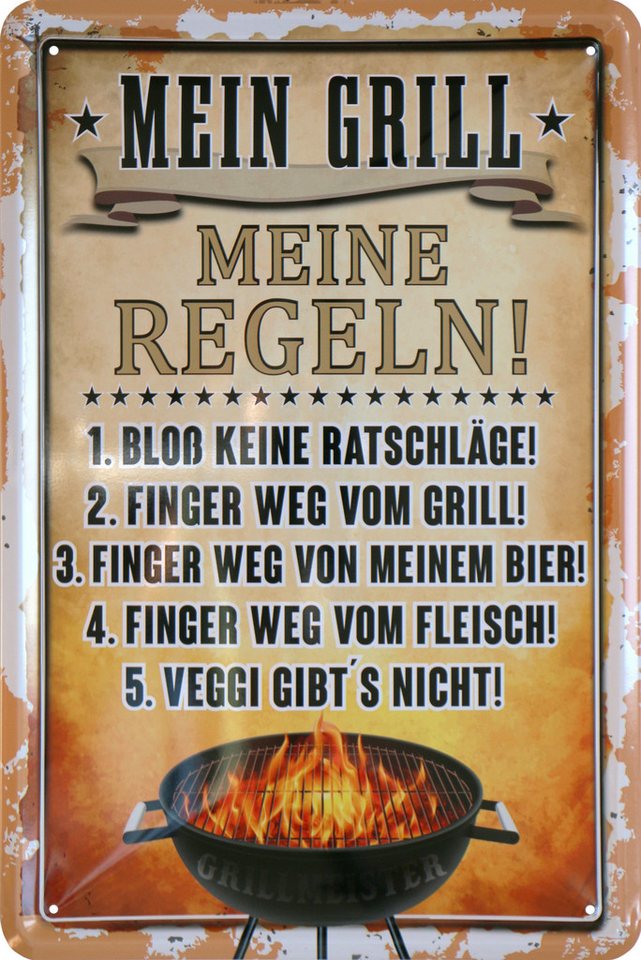 WOGEKA ART Metallbild Mein Grill - Meine Regeln - 20 x 30 cm Retro Blechschild, Metallschild Wanddeko Spruch Schild Wandbild Vintage Design von WOGEKA ART