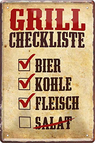 WOGEKA ART Retro Blechschild - Grill-Checkliste: Bier, Kohle, Fleisch - witziger Spruch als Geschenk-Idee zum Geburtstag Weihnachten Dekoration 20x30 cm Vintage-Design Metall 571 von WOGEKA ART