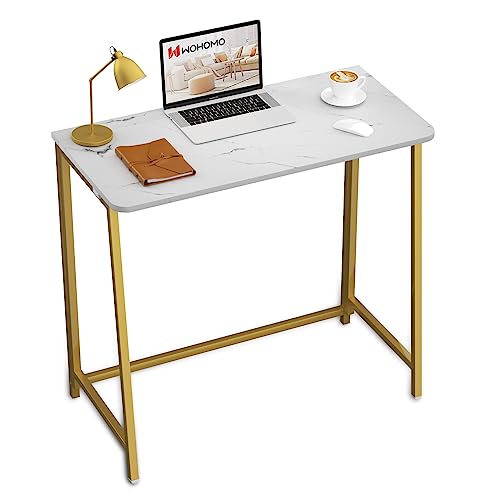WOHOMO Weißer Marmor-Klapptisch, 80 cm, kleiner, faltbarer Computertisch für kleine Räume, mit goldfarbenen Beinen, einfache Montage, Mini-Arbeitstisch für Zuhause, Büro, Weiß und Gold von WOHOMO
