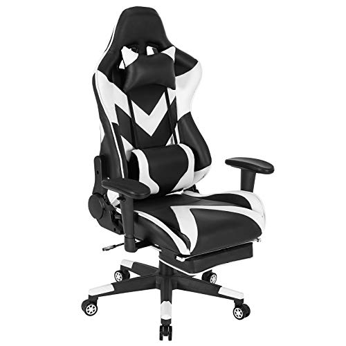 WOLTU Gaming Stuhl, PU Leder Bürostuhl Gaming Chair Ergonomisch mit Lendenkissen, Gamer Stuhl Racing PC-Stuhl mit Wippfunktion & Fußstütze Live-Streaming Drehstuhl Schwarz+Weiß von WOLTU