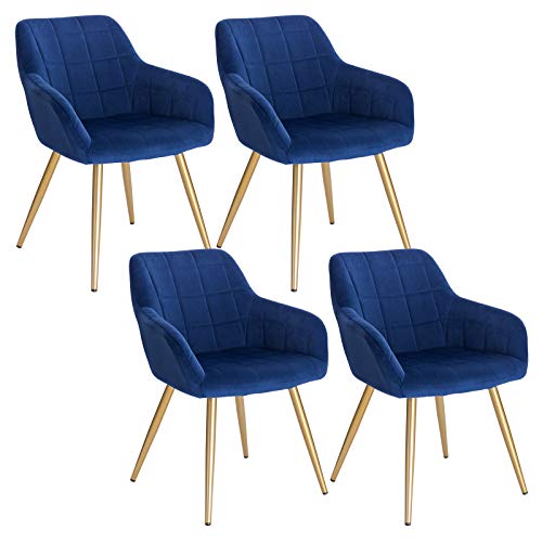 WOLTU 4 x Esszimmerstühle 4er Set Esszimmerstuhl Küchenstuhl Polsterstuhl Design Stuhl mit Armlehnen, mit Sitzfläche aus Samt, Gestell aus Metall, Gold Beine, Blau, BH232bl-4 von WOLTU