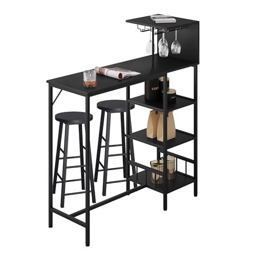 WOLTU Bartisch mit Barhocker Set, Bistrotisch mit mit 2 Barhockern, Thekentisch mit Weinregal Glashalter, Küchentisch mit 3 Ablagen, runde Barhocker, Industrie-Design, Schwarz von WOLTU