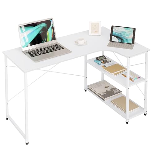 WOLTU Eckschreibtisch, L-förmiger Schreibtisch mit 2 Ablagen, Bürotisch Computertisch PC Tisch, Ecktisch Groß für Büro Homeoffice Gaming, Industrie-Design, 120x71,5x74 cm, Weiß von WOLTU