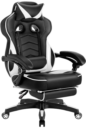 WOLTU Gaming Stuhl, PU Leder Bürostuhl Gaming Chair Ergonomisch mit Lendenkissen, Gamer Stuhl Racing PC-Stuhl Drehstuhl mit Fußstütze & Große Rückenlehne & Sitzfläche für große Personen Schwarz+Weiß von WOLTU