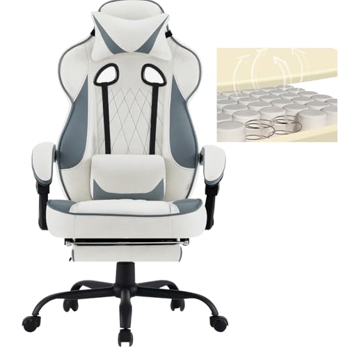 WOLTU Gaming Stuhl mit Taschenfederkissen, Gamer Sessel ergonomisch, breiter Sitz Fußstütze, Bürostuhl Gamingstuhl 150 kg belastbar, Computerstuhl drehbar, Leathaire-Stoff, Blau + Weiß, GS03bws von WOLTU