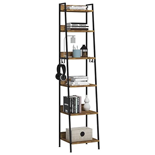 WOLTU Bücherregal Standregal mit 6 Ebenen, Küchenregal mit 4 Haken, im Industriestil, Lagerregal im Wohnzimmer Küche, Regal aus MDF Metall, schmales Leiterregal schwarz RGB30hov von WOLTU