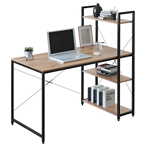 WOLTU Schreibtisch, Bürotisch mit Regal, Computertisch PC Tisch, 4 Ablagen auf rechter oder linker Seite, für Büro Homeoffice Schlafzimmer, Industrie-Design, 120x120x64 cm, Heller Eiche+Schwarz von WOLTU