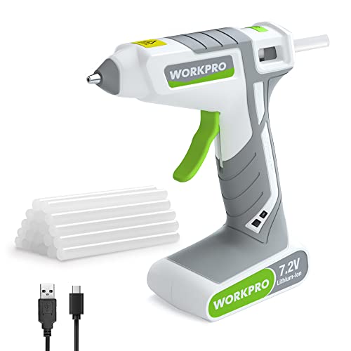 WORKPRO Heißklebepistole Akku kabellos 7,2V, Akku Klebepistole mit 20 Klebesticks, 40s schnelle Aufheizung, Schnelle Klebstoffabgabe, USB-Aufladung, für Handwerk, Dekoration, mit Typ-C-Ladekabel von WORKPRO