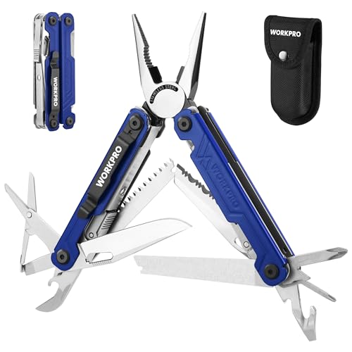 WORKPRO Multifunktionszange, 18 in 1 Multitool Werkzeug Faltbares Edelstahl Multifunktionswerkzeug mit Messer, Flaschenöffner, Schere, Gürtelclip für Camping Reparieren, Geschenk mit Tragtasche, Blau von WORKPRO