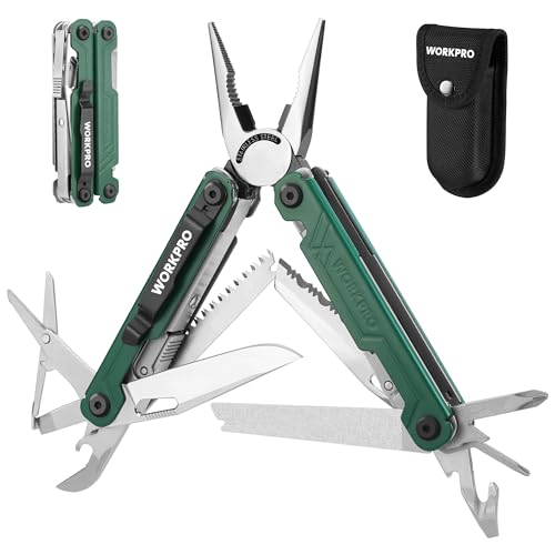 WORKPRO Multifunktionszange, 18 in 1 Multitool Werkzeug Faltbares Edelstahl Multifunktionswerkzeug mit Messer, Flaschenöffner, Schere, Gürtelclip für Camping Reparieren, Geschenk mit Tragtasche, Grün von WORKPRO