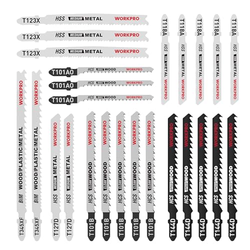 WORKPRO Professional Stichsägeblätter Set, 25tlg.T-Schaft Stichsägeblätter aus HSS/BIM/HCS für Holz,Kunststoff und Metall, inkl. Kunststoff-Box von WORKPRO